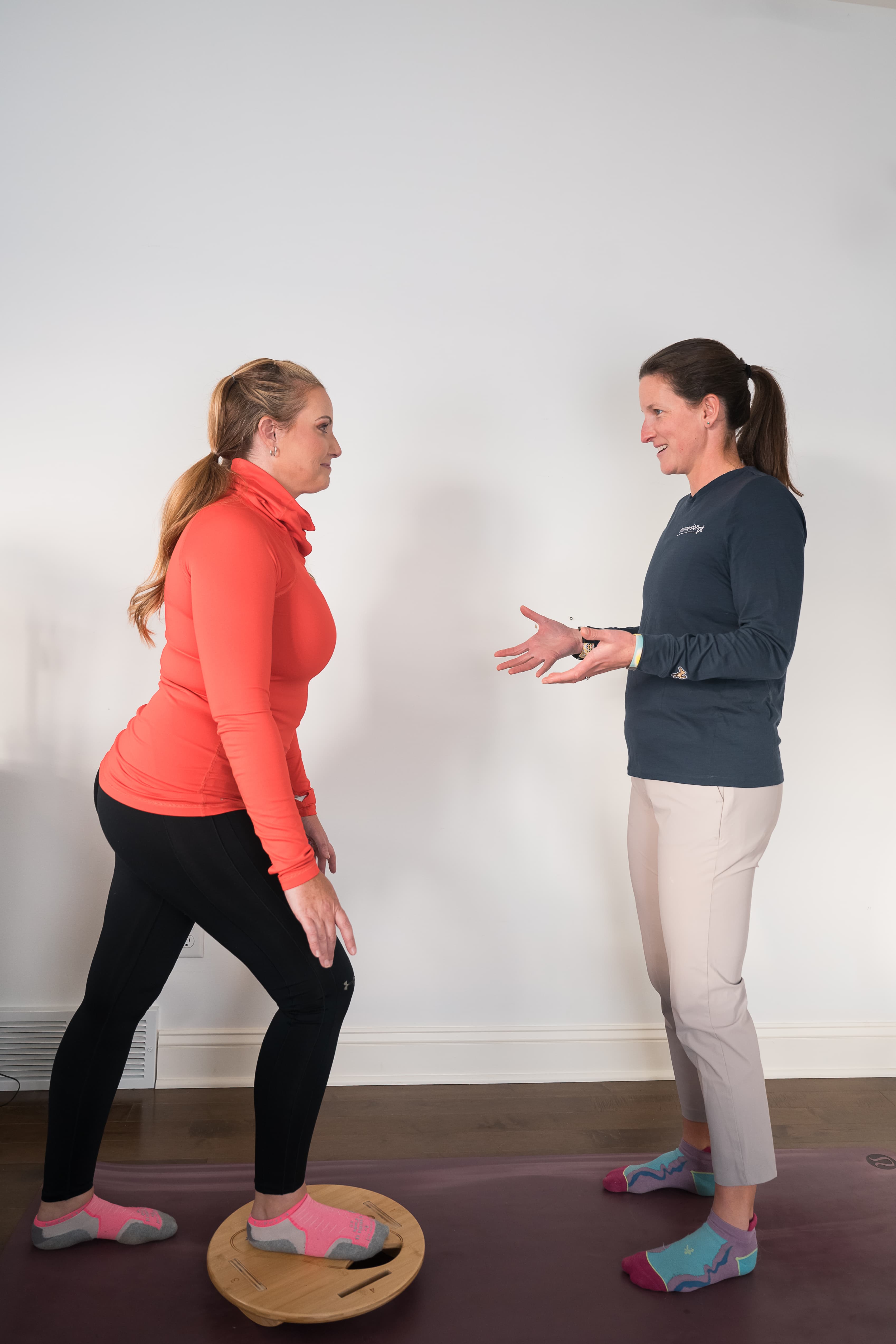 Megan James coaching a Capital Region client through a balance-board exercise during an in-home PT visit